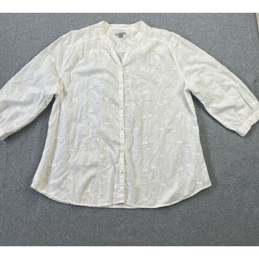 Carhartt Women's Button Up Blouse 2XL White Floral Embroidered Roll Tab Sleeve
